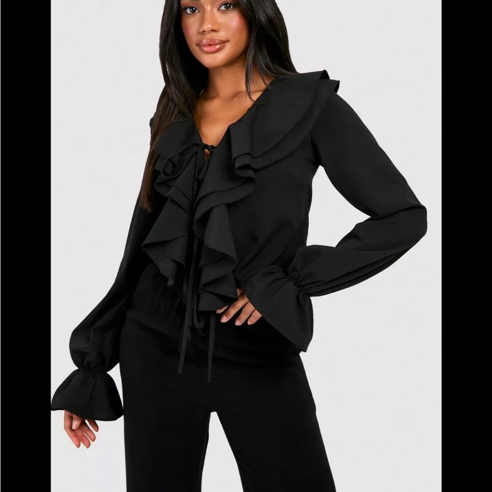 Black Ruffle Tie-Front Blouse